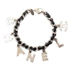 CHANEL Authentic Black Leather Logo Charm Bracelet
